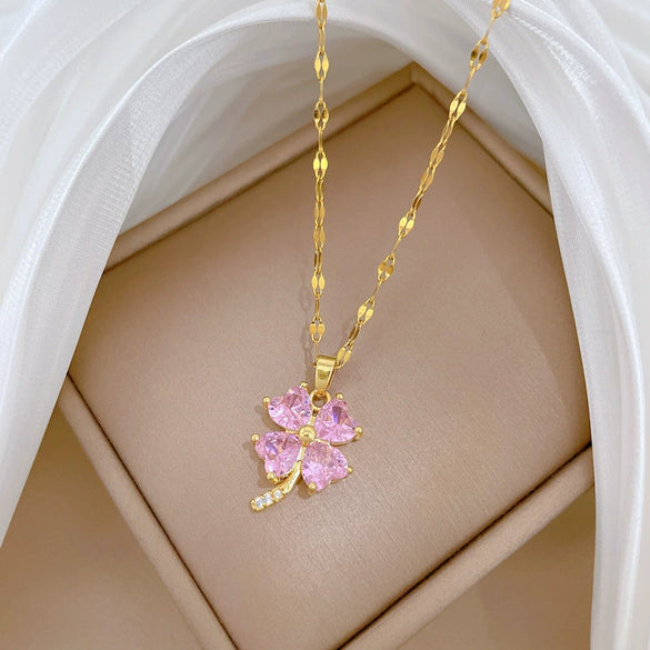 Titanium Steel Geometric Four Leaf Zircon Pendant Necklace For Women With Cartoon And Plant Flower Style Diamond Design