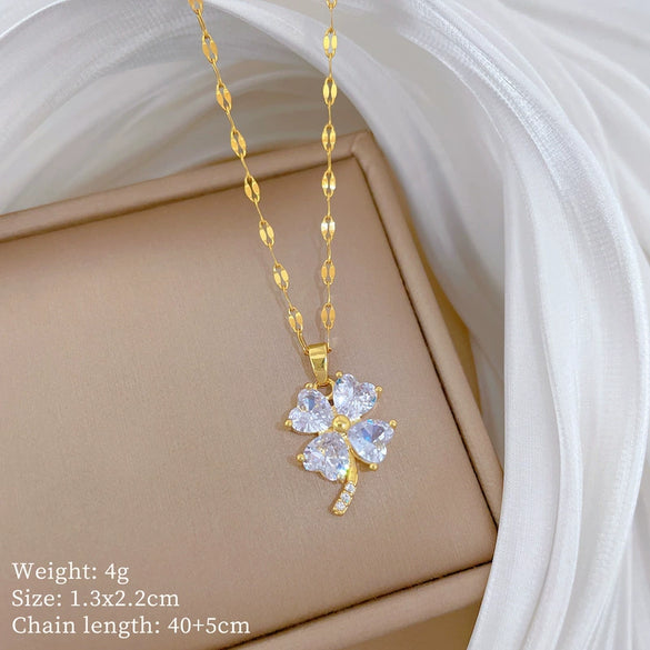 Titanium Steel Geometric Four Leaf Zircon Pendant Necklace For Women With Cartoon And Plant Flower Style Diamond Design