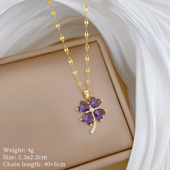 Titanium Steel Geometric Four Leaf Zircon Pendant Necklace For Women With Cartoon And Plant Flower Style Diamond Design