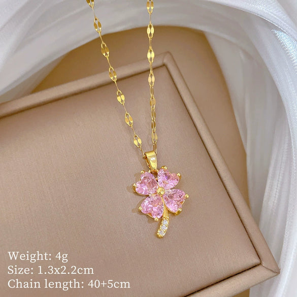 Titanium Steel Geometric Four Leaf Zircon Pendant Necklace For Women With Cartoon And Plant Flower Style Diamond Design