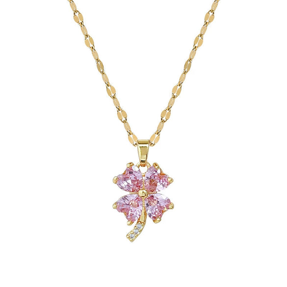Titanium Steel Geometric Four Leaf Zircon Pendant Necklace For Women With Cartoon And Plant Flower Style Diamond Design