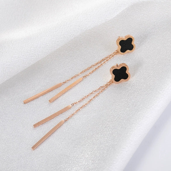 Titanium Steel Geometric Fourleaf Clover Long Tassel Earrings For Women