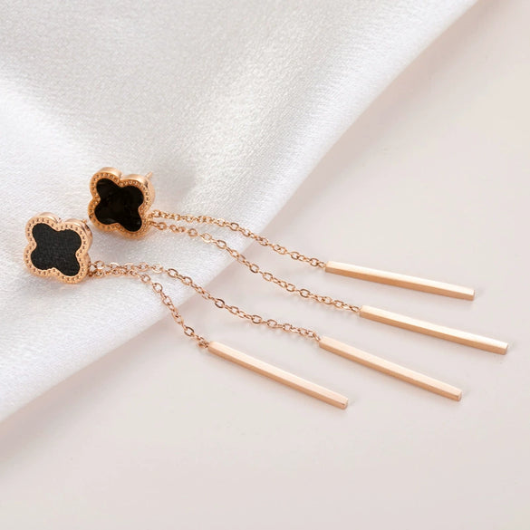 Titanium Steel Geometric Fourleaf Clover Long Tassel Earrings For Women