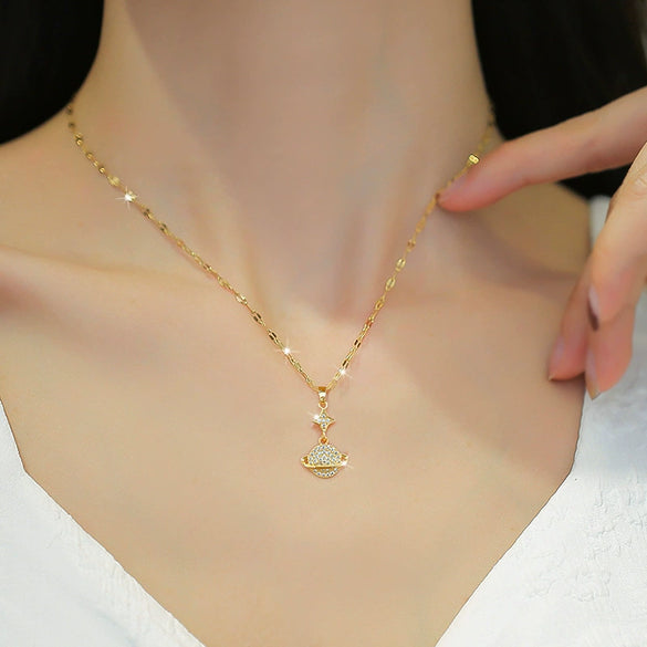 Titanium Steel Geometric Full Diamond Happy Planet Necklace For Women