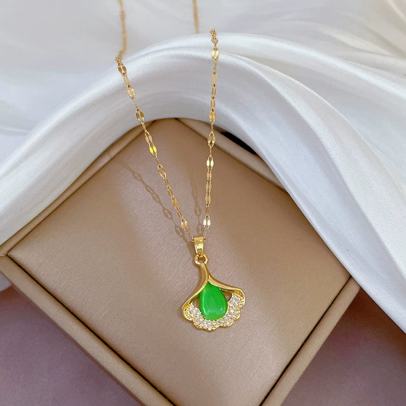 Titanium Steel Geometric Ginkgo Leaf Microinlaid True Gold Women's Necklace