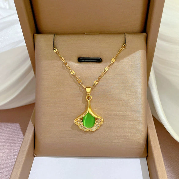 Titanium Steel Geometric Ginkgo Leaf Microinlaid True Gold Women's Necklace