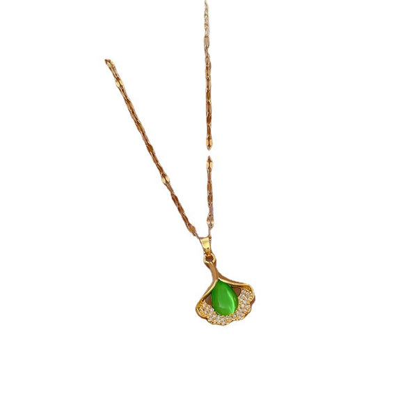 Titanium Steel Geometric Ginkgo Leaf Microinlaid True Gold Women's Necklace