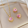 Titanium Steel Geometric Heart Diamond Necklace And Earrings Set Electroplated For Women