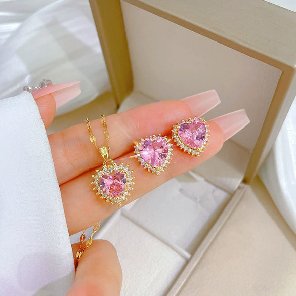 Titanium Steel Geometric Heart Diamond Necklace And Earrings Set Electroplated For Women