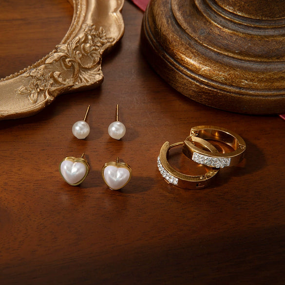 Titanium Steel Geometric Heart Earrings For Women With Electroplating And Pearl Zircon Design