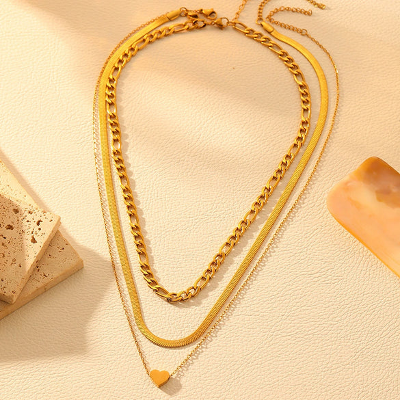 Titanium Steel Geometric Heart Necklace Multi Layer Gold Plated
