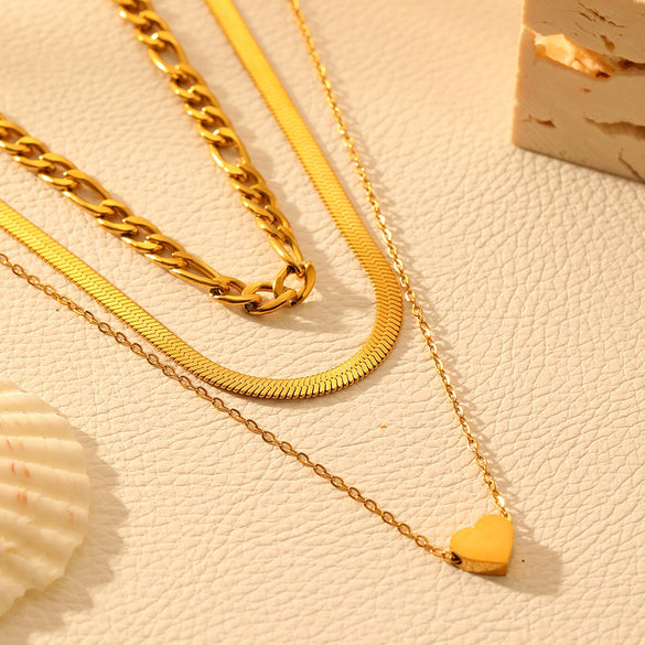 Titanium Steel Geometric Heart Necklace Multi Layer Gold Plated