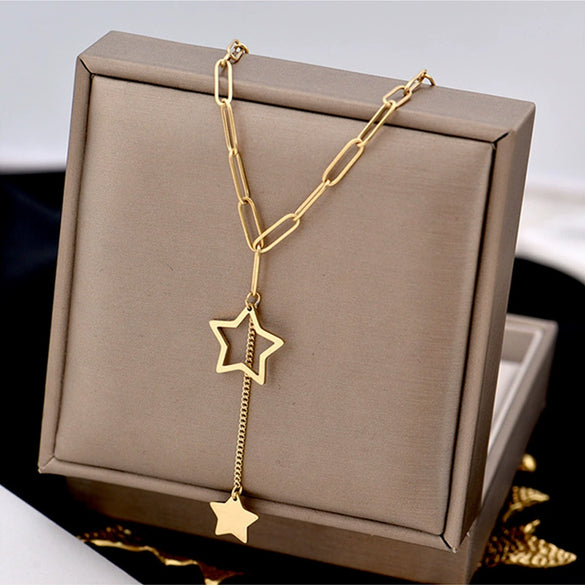 Titanium Steel Geometric Hollow Fivepointed Star Tassel Pendant Necklace For Women