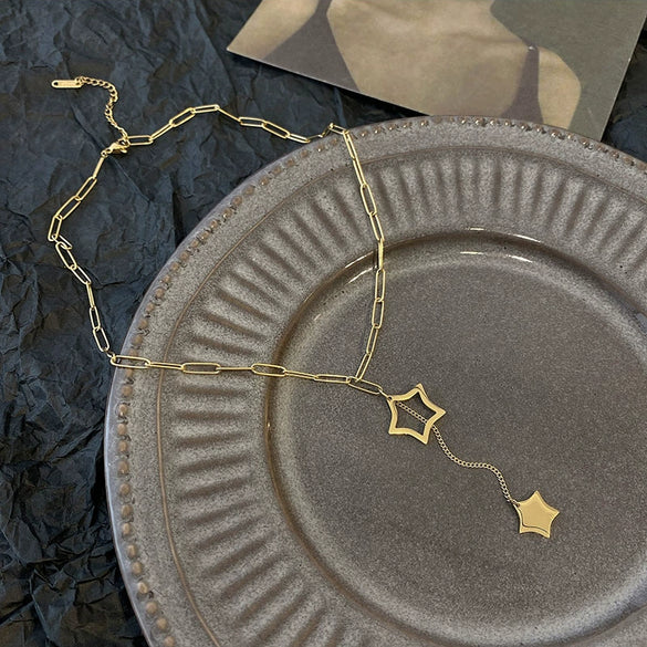 Titanium Steel Geometric Hollow Fivepointed Star Tassel Pendant Necklace For Women