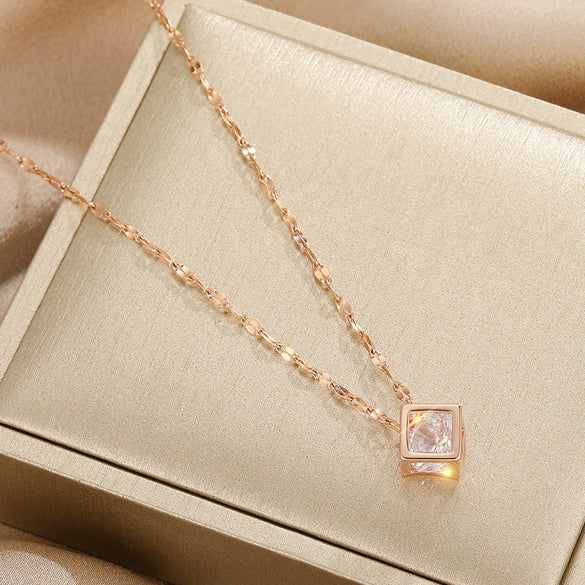 Titanium Steel Geometric Hollow Square Zircon Pendant With Water Wave Chain Electroplated Women's Clavicle Chain Necklace