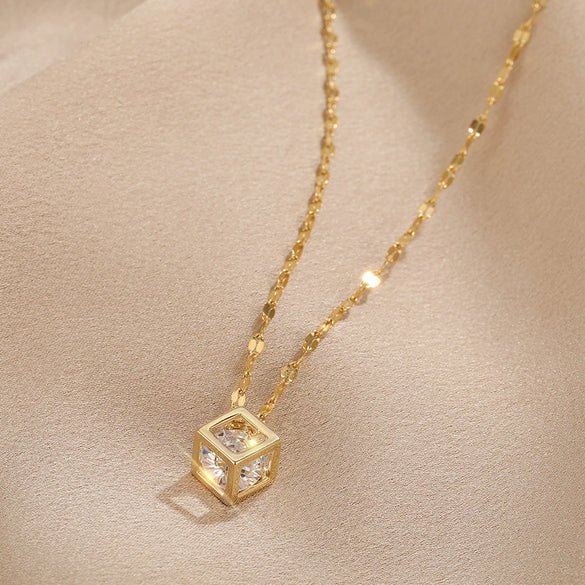 Titanium Steel Geometric Hollow Square Zircon Pendant With Water Wave Chain Electroplated Women's Clavicle Chain Necklace