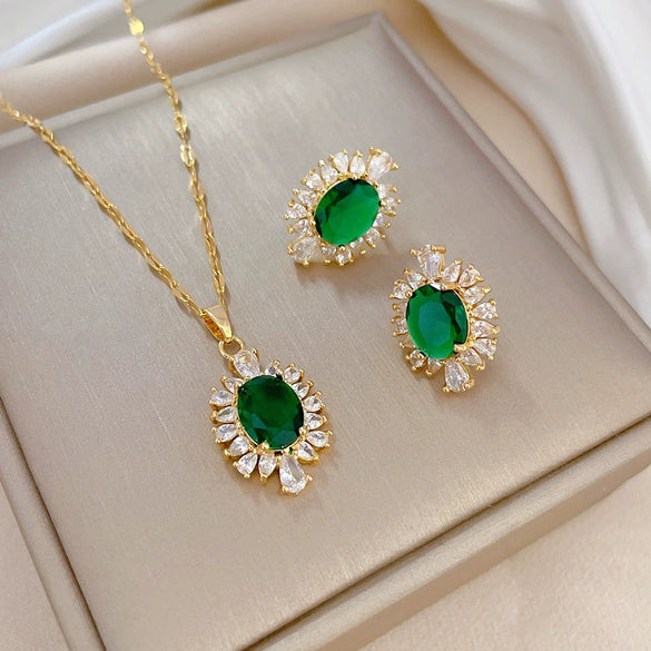 Titanium Steel Geometric Horse Eye Light Luxury Microinlaid Electroplated Women's Necklace Earrings Set