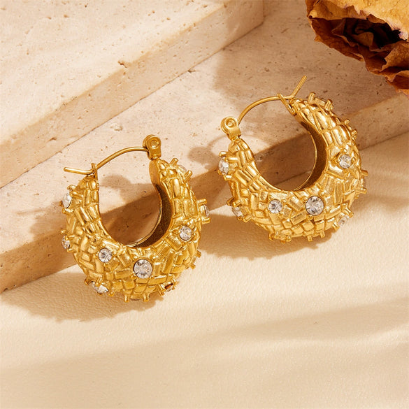 Titanium Steel Geometric Inlaid Zircon Oval Cartoon Earrings Gold Plated Vacuum Electroplated In Furnace