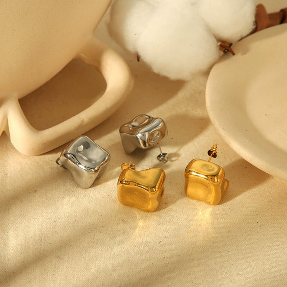 Titanium Steel Geometric Irregular Pleated Tofu Block Earrings For Women Electroplated