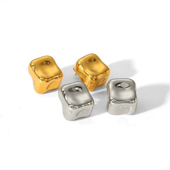 Titanium Steel Geometric Irregular Pleated Tofu Block Earrings For Women Electroplated