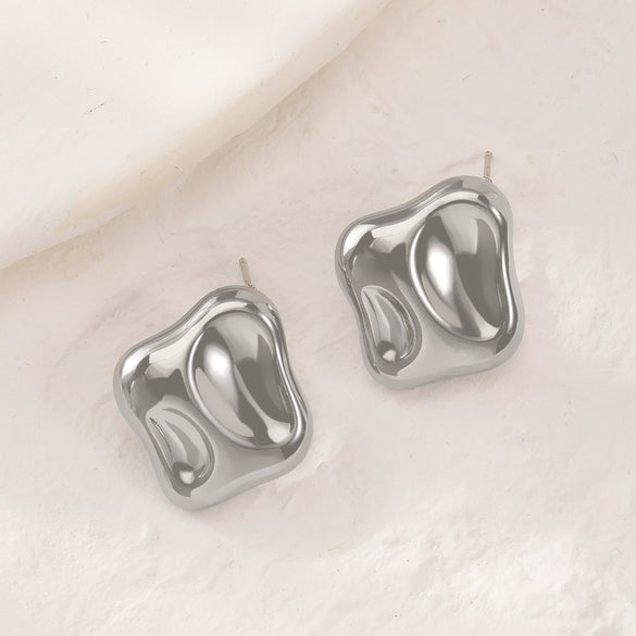 Titanium Steel Geometric Irregular Square Concave Ear Studs With Hammer Pattern And Electroplating For Women