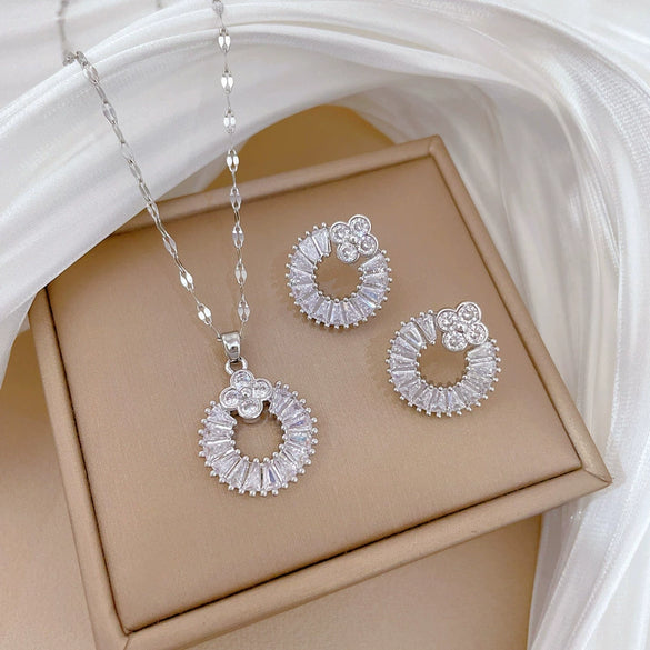 Titanium Steel Geometric Jewelry Set With Microinlaid And Electroplating For Women