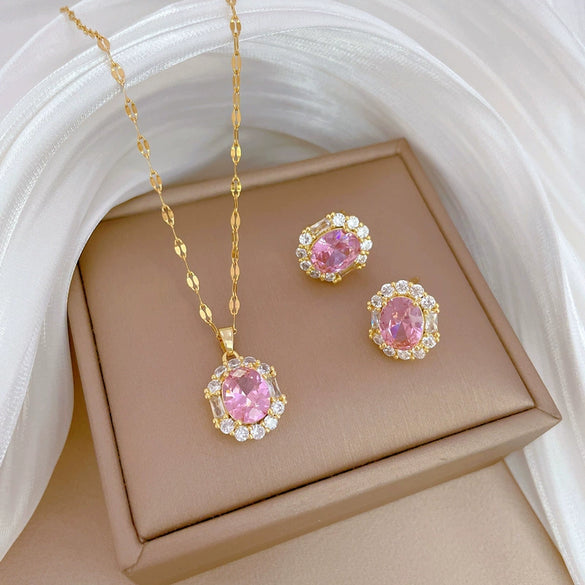 Titanium Steel Geometric Light Luxury Elegant Women's Jewelry Set With Electroplating Necklace Earrings Ring