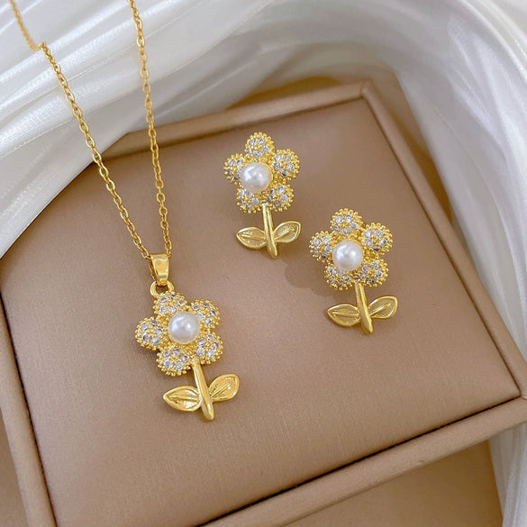 Titanium Steel Geometric Light Luxury Full Diamond Leaves Flower Earrings Necklace Set Electroplated