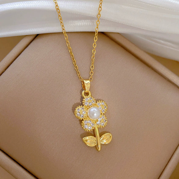 Titanium Steel Geometric Light Luxury Full Diamond Leaves Flower Earrings Necklace Set Electroplated