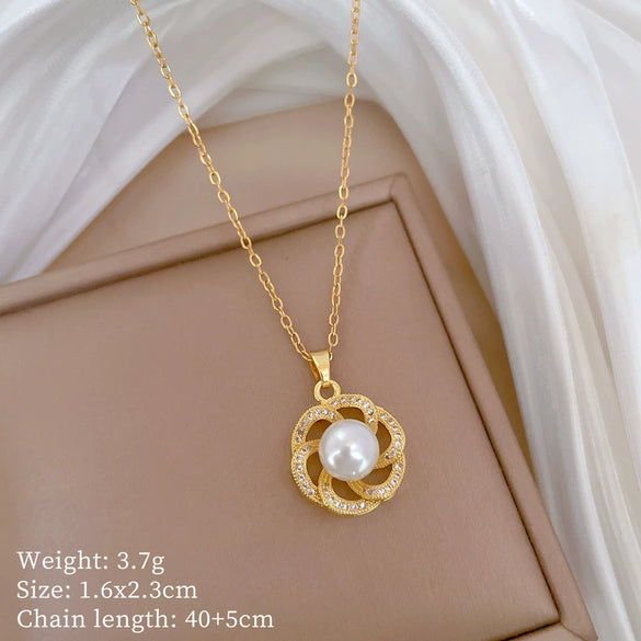 Titanium Steel Geometric Light Luxury Rotating Pearl Earrings Necklace Set With Electroplating