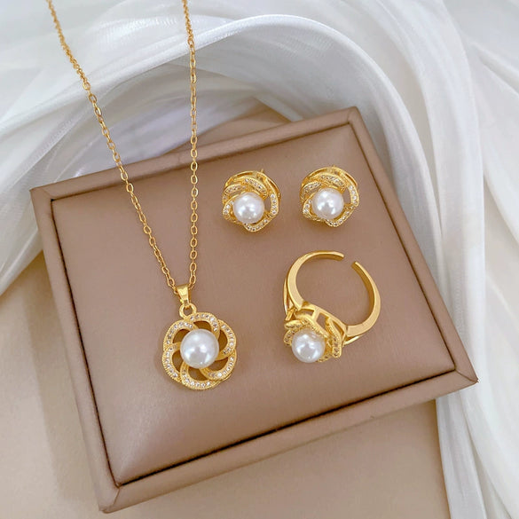 Titanium Steel Geometric Light Luxury Rotating Pearl Earrings Necklace Set With Electroplating