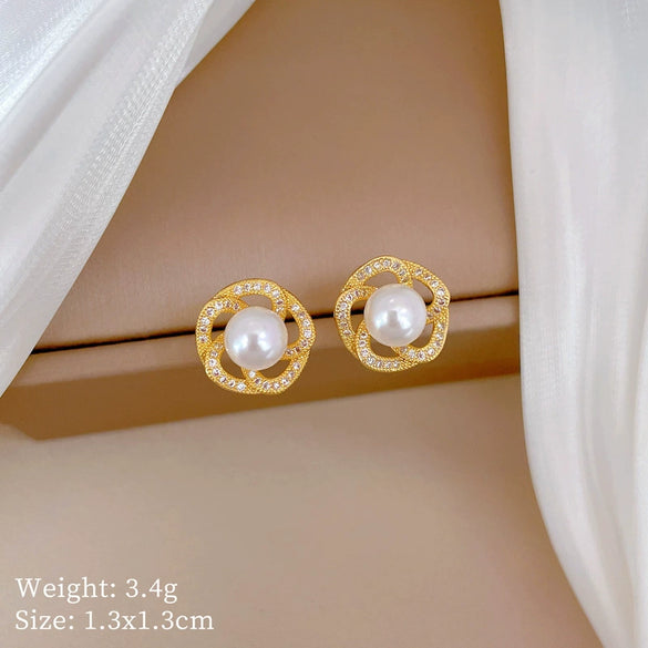 Titanium Steel Geometric Light Luxury Rotating Pearl Earrings Necklace Set With Electroplating