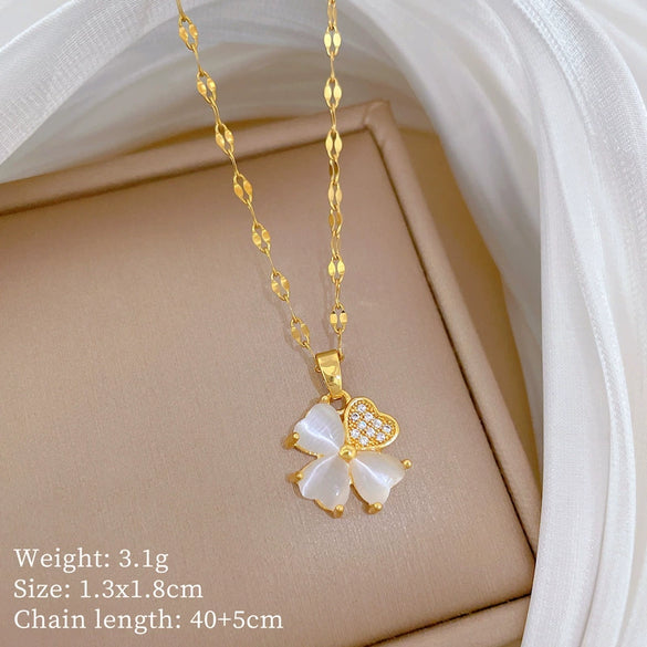 Titanium Steel Geometric Lucky Grass Microinlaid Real Gold Zircon Necklace Cartoon Style