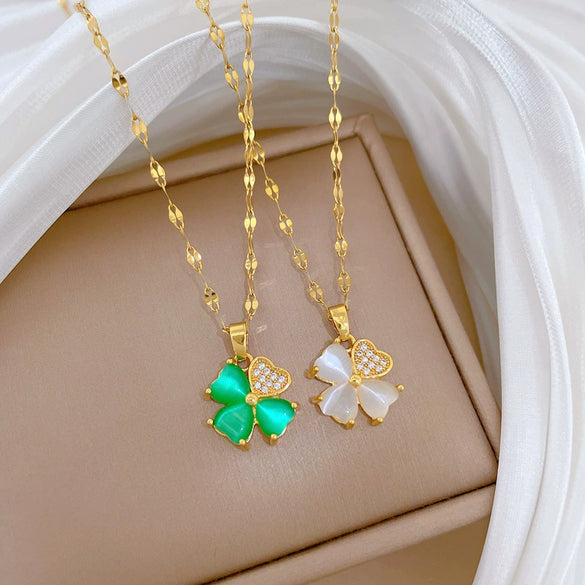 Titanium Steel Geometric Lucky Grass Microinlaid Real Gold Zircon Necklace Cartoon Style