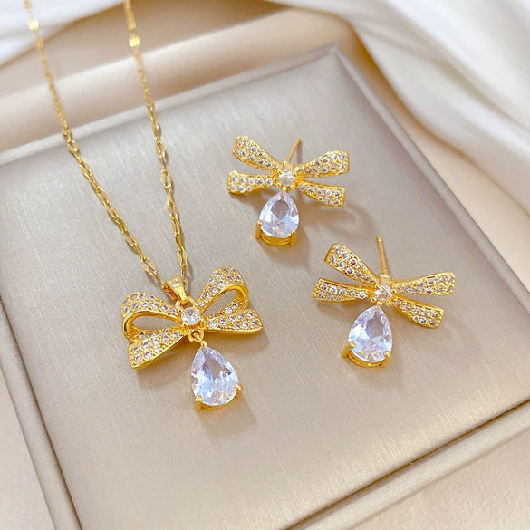 Titanium Steel Geometric Micro Inlay Women's Necklace Earrings Set With Electroplating