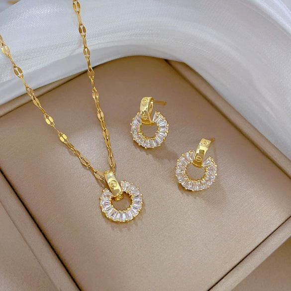 Titanium Steel Geometric Microinlaid Light Luxury Women's Ring Necklace Earrings Set With Electroplating