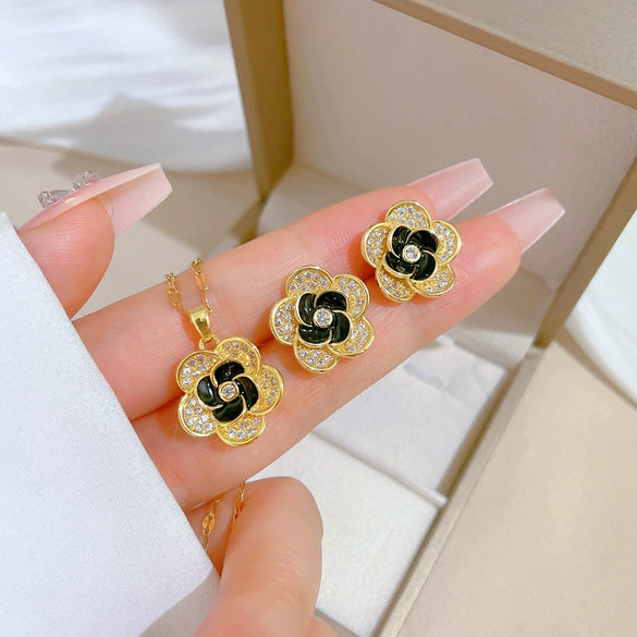 Titanium Steel Geometric Microinlaid Women's Necklace Earrings Set With Electroplating