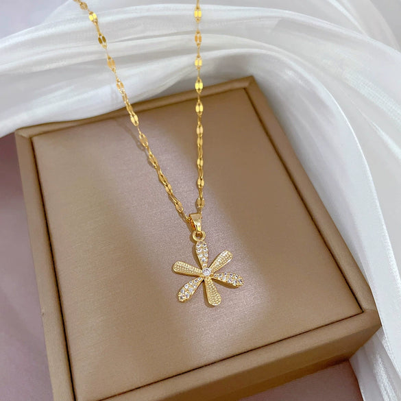 Titanium Steel Geometric Microinlaid Zircon Sprouting Large Flower Women's Necklace Copper Electroplated Gold Pendant