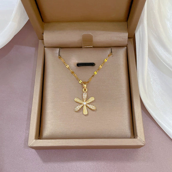 Titanium Steel Geometric Microinlaid Zircon Sprouting Large Flower Women's Necklace Copper Electroplated Gold Pendant