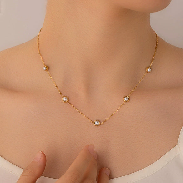 Titanium Steel Geometric Minimalist O Chain Pearl Necklace And Bracelet Jewelry With Electroplating For Women