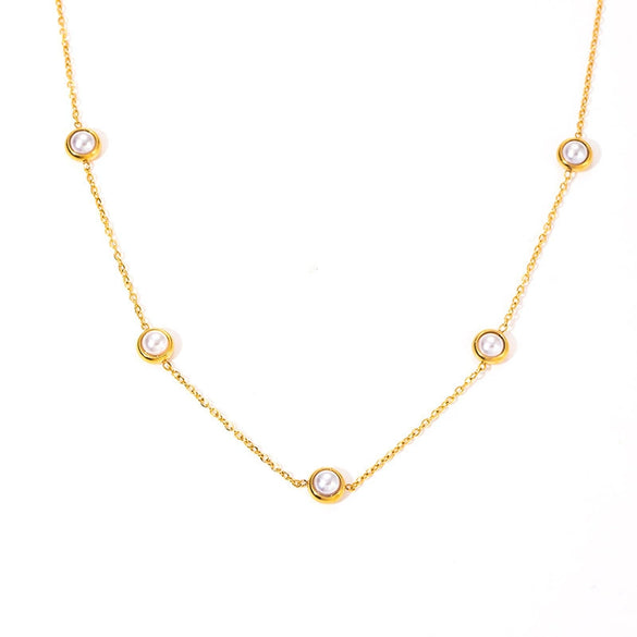 Titanium Steel Geometric Minimalist O Chain Pearl Necklace And Bracelet Jewelry With Electroplating For Women
