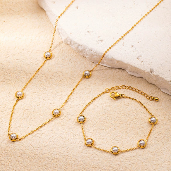 Titanium Steel Geometric Minimalist O Chain Pearl Necklace And Bracelet Jewelry With Electroplating For Women