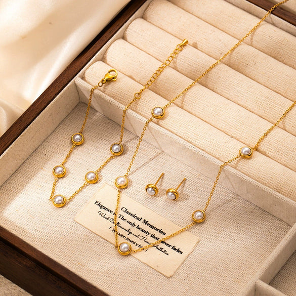 Titanium Steel Geometric Minimalist O Chain Pearl Necklace And Bracelet Jewelry With Electroplating For Women