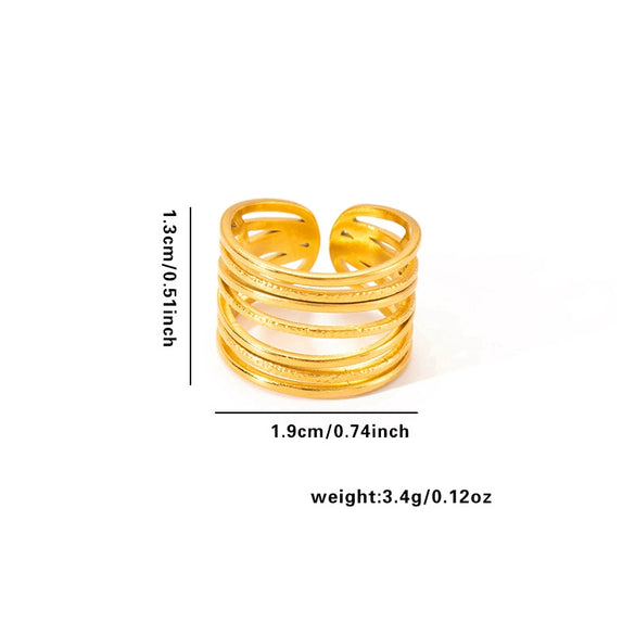 Titanium Steel Geometric Multilayer Ring With Heart Shape Flower Leaves Letters Numbers Text Pattern 18K Gold Plated Open Adjustable Style