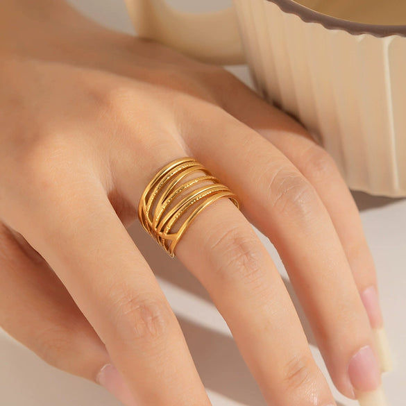 Titanium Steel Geometric Multilayer Ring With Heart Shape Flower Leaves Letters Numbers Text Pattern 18K Gold Plated Open Adjustable Style
