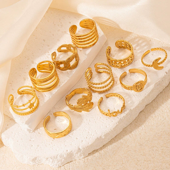 Titanium Steel Geometric Multilayer Ring With Heart Shape Flower Leaves Letters Numbers Text Pattern 18K Gold Plated Open Adjustable Style