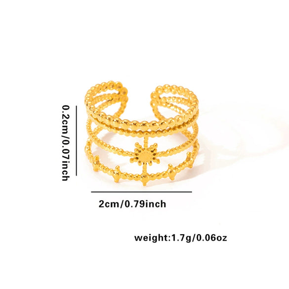 Titanium Steel Geometric Multilayer Ring With Heart Shape Flower Leaves Letters Numbers Text Pattern 18K Gold Plated Open Adjustable Style