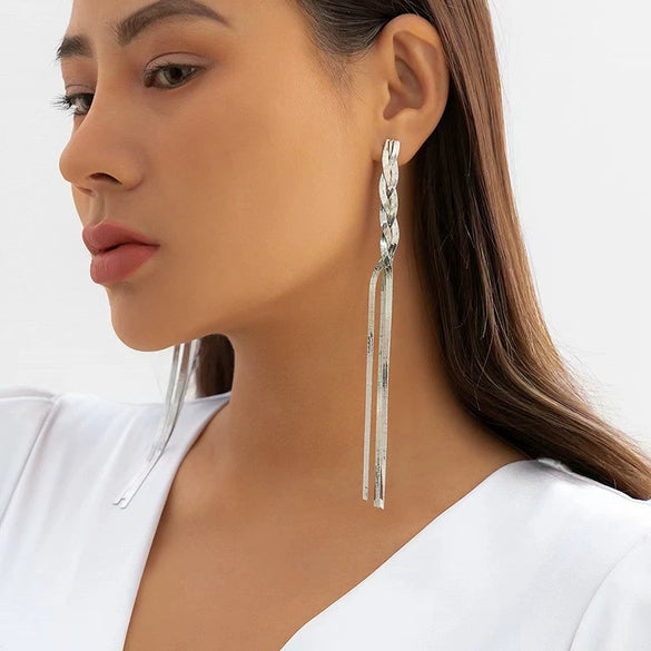 Titanium Steel Geometric Niche Necklace With Long Tassel Snake Bone Chain And Earrings Luxury Style
