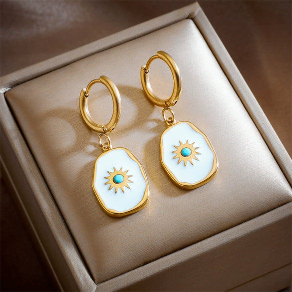 Titanium Steel Geometric Oil Dripping Sunflower Pendant Earrings For Women With Electroplating