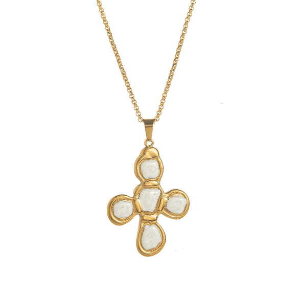 Titanium Steel Geometric Oil Drop Cross Pendant Necklace With Electroplating And O Word Chain